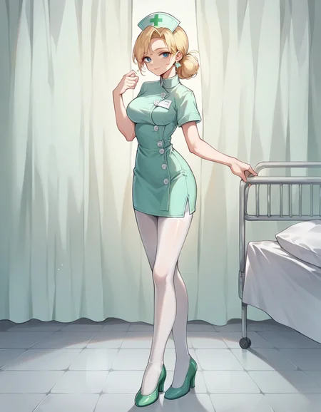 score_9, score_8_up, score_7_up, score_6_up, best quality, 1girl, nurse, solo, long blonde hair, blue eyes, hud_nrse_vintg, white nurse cap, white pantyhose, green dress, white buttons, short sleeves, jewelry, earrings, breasts, green high heels, <lora:nurse-000008:0.7>, slight smile, hospital room, standing