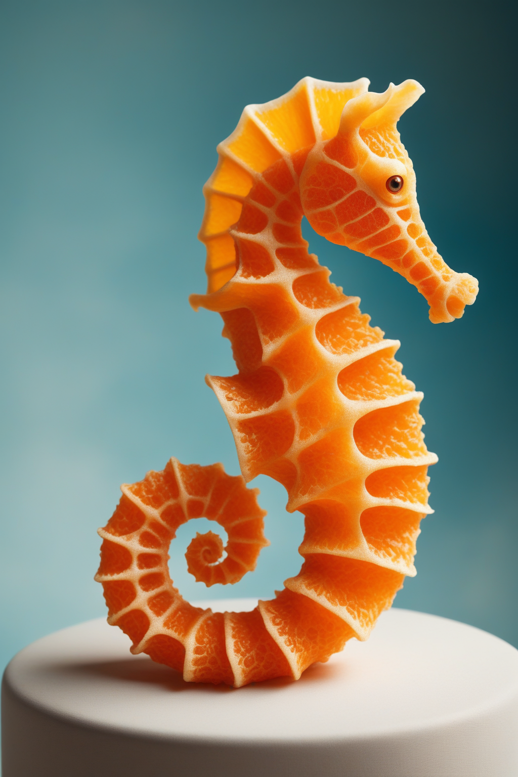 high quality,masterpiece,ultra-high resolution,incredible composition,extremely detailed, <lora:Orange_Peel:0.7>, A delicate seahorse sculpted from orange peel, its curled form textured with citrus bumps. Floating gracefully, peel catches light. Ultra-high resolution macro, emphasizing ethereal details. Background: aquamarine cloth, soft light, orange wedges, and coral for a dreamy food photography aesthetic.