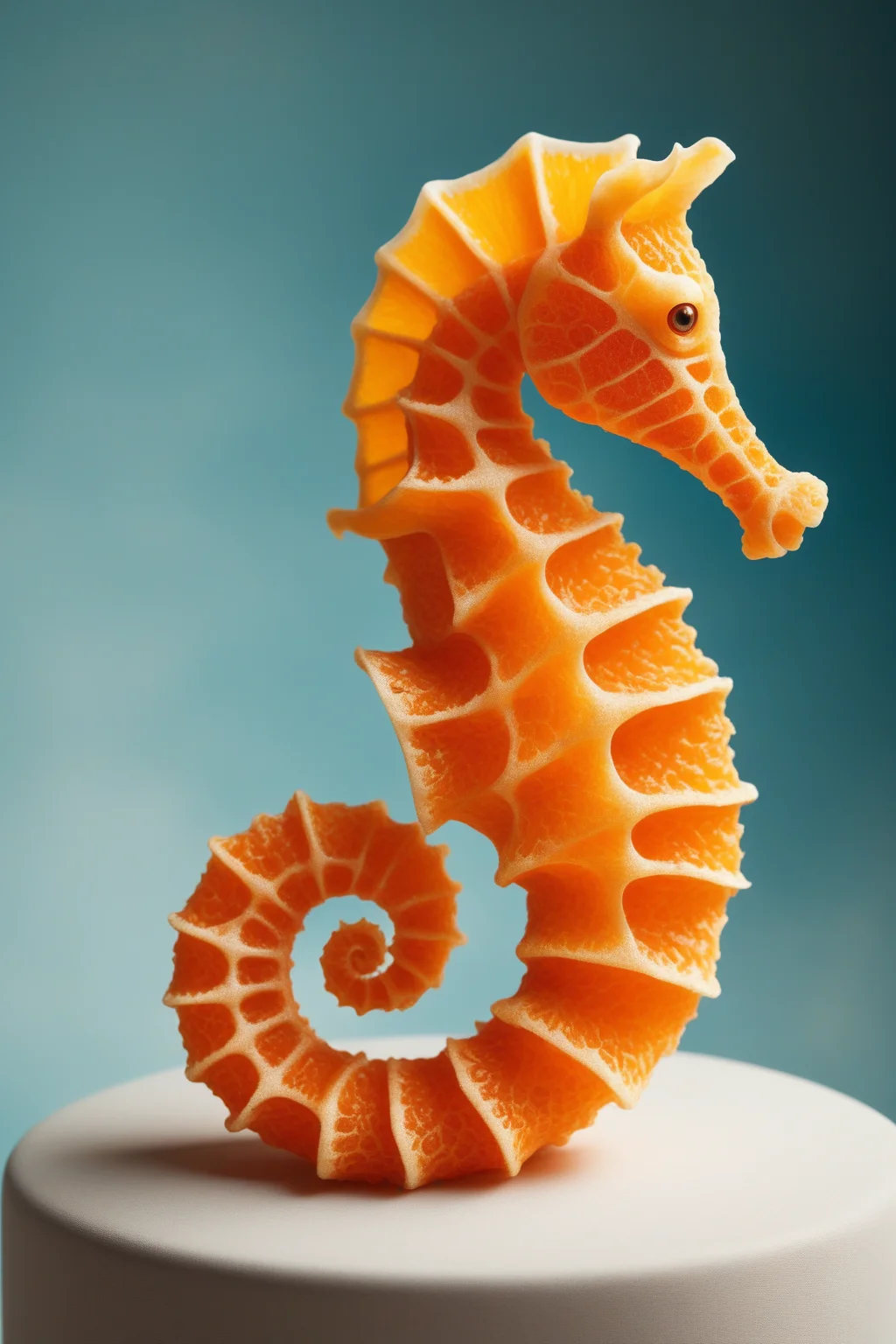 high quality,masterpiece,ultra-high resolution,incredible composition,extremely detailed, <lora:Orange_Peel:0.7>, A delicate seahorse sculpted from orange peel, its curled form textured with citrus bumps. Floating gracefully, peel catches light. Ultra-high resolution macro, emphasizing ethereal details. Background: aquamarine cloth, soft light, orange wedges, and coral for a dreamy food photography aesthetic.