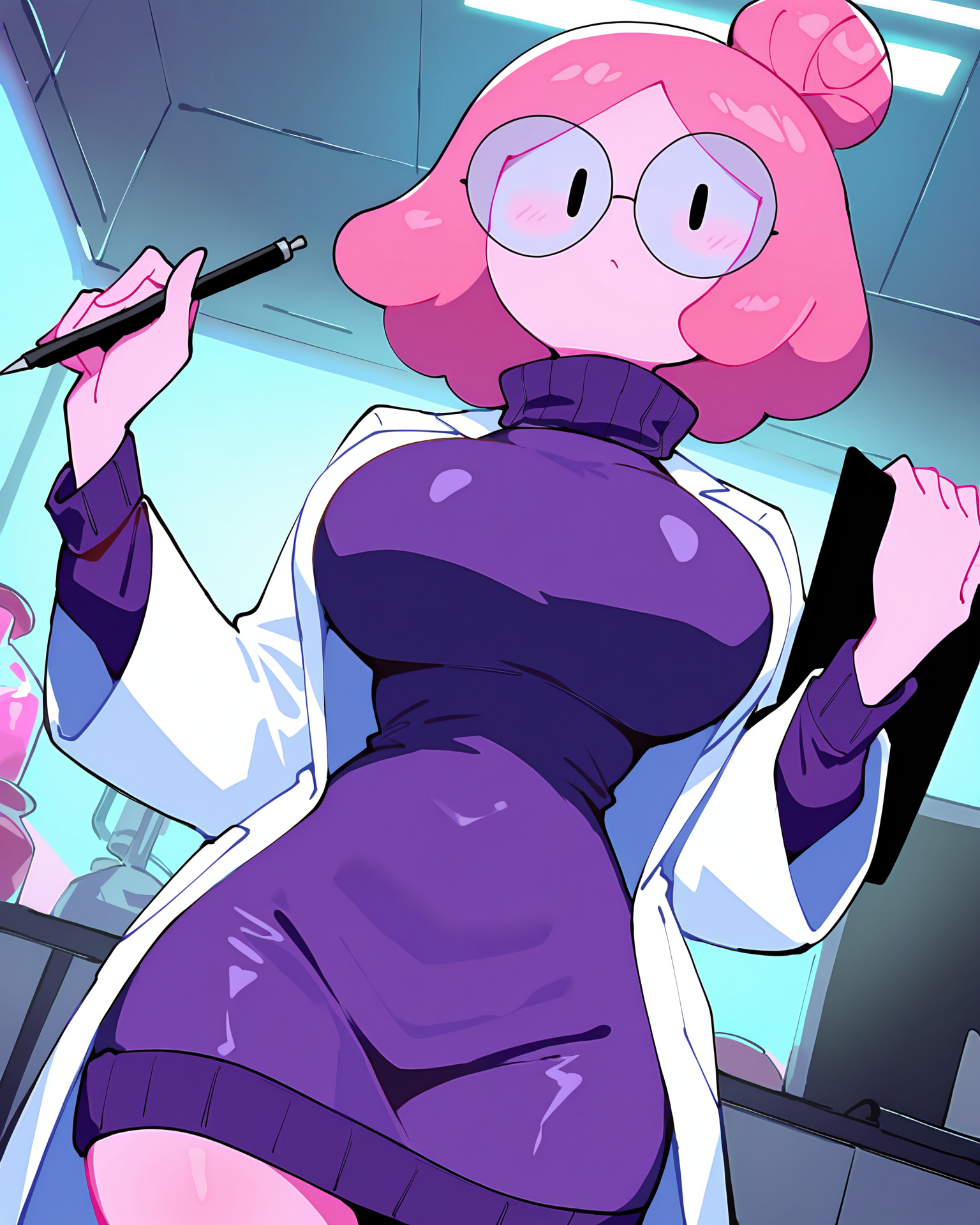 masterpiece, best quality, newest, absurdres, highres, dynamic angle, indoors, laboratory
1girl, solo, Bonnibel, pink hair, pink skin, hair bun, labcoat, purple sweater, turtleneck, round glasses, standing, holding clipboard and pen, looking at viewer, cowboy shot, <lora:Bubblegum_ILL:1>