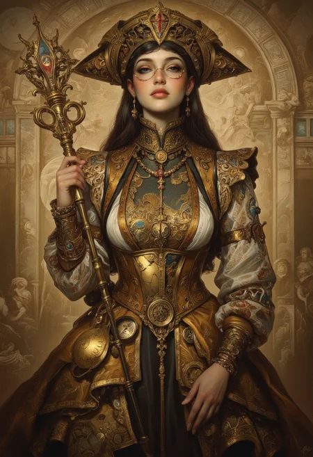A Renaissance-inspired oil painting of a woman standing in a grand, baroque hall, dressed in a hybrid Renaissance-steampunk gown of rich, bronze-threaded velvet and layered mechanical filigree. The corset, reinforced with polished brass gears and delicate clockwork mechanisms, moves subtly as if adjusting to her breath. Her sleeves, made of sheer lace infused with thin, metallic wiring, glisten under the candlelit glow. A golden monocle with embedded microcircuitry rests over one eye, magnifying the faint glow of data symbols reflected in her iris. Behind her, an intricate mural of Renaissance cherubs is seamlessly overlaid with faint blueprints of celestial machinery, bridging classical artistry with mechanical innovation. She stands poised with a brass-engraved scepter, her expression calm and knowing as she watches over an empire of both past and future.