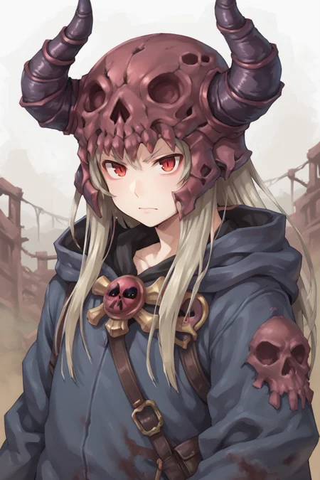 (score_9, score_8_up, score_7_up, score_6_up), source anime, BREAK, <lora:Necromancer:0.8> , necdef, 1boy, red eyes, long hair, grey hair, horned helmet, (skull brooch), (robe), looking at viewer, solo, serious, (portrait), close-up, <lora:zy_Detailed_Backgrounds_v1:0.3> , detailed background, highly detailed, outdoors, wasteland, <lora:01lXLP:0.5> , 01l,