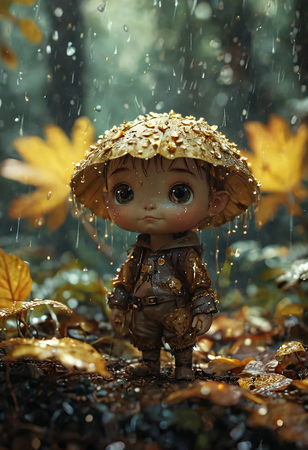 Portrait of cute tiny forest  people in a dense forest, gold luminescent eyes, standing under a leaf, raining, evening, raindrops, magical, bokeh, orbs, dust particles   by wlop, artgerm, greg rutkowski, thomas kinkade, super detailed, volumetric lighting, cinematic<lora:add-detail-xl:1> <lora:MJ52:0.5>