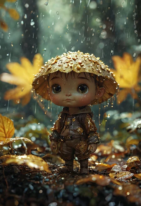 Portrait of cute tiny forest people in a dense forest, gold luminescent eyes, standing under a leaf, raining, evening, raindrops, magical, bokeh, orbs, dust particles by wlop, artgerm, greg rutkowski, thomas kinkade, super detailed, volumetric lighting, cinematic<lora:add-detail-xl:1> <lora:MJ52:0.5>
