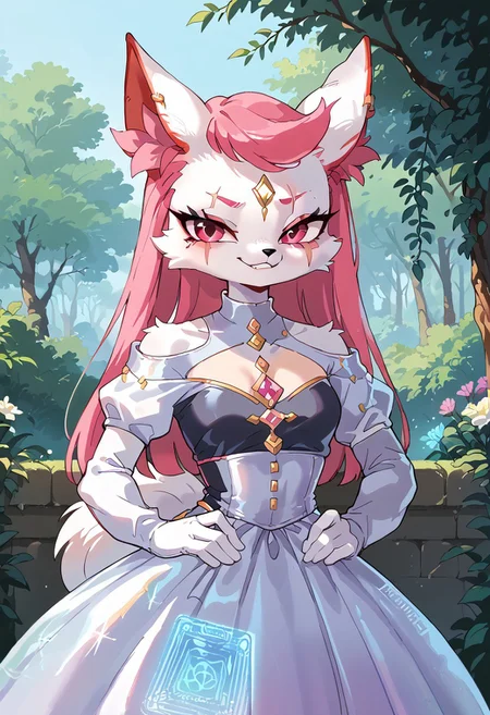 score_9, score_8_up, score_7_up, masterpiece, detailed, digital art, D1girl, Kimikoxl, anthro, fox girl, white fur, pink hair, animal ears, animal nose, pink eyes, face markings, eye scar, smirk, wedding holographic dress, holographic dress, xingyun, binggan