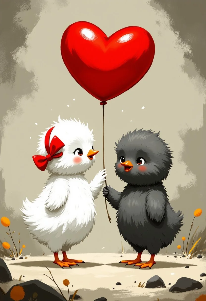Unfazedfantasii, vantablack, OBxiaoxiang
photorealistic masterwork digital painting, hyper-realistic,
A whimsical illustration of a heartwarming, painterly-style illustration of two adorable baby chicks standing together in a soft, textured environment in dark whimsical art style,. One chick is fluffy and white with a slightly open beak, while the other is dark gray with a small red bow on its head. The white chick is holding a thin string attached to a large, glossy red heart-shaped balloon floating above them. Their cheeks are slightly blushed, giving them a charming and innocent expression. The background has an abstract, hand-painted texture in muted tones, resembling an impressionistic oil painting. The lighting is soft and warm, casting subtle shadows and highlights on their delicate feathers.
The art style is highly detailed, cinematic, and fantasy-inspired, with a focus on dramatic lighting, soft glows, and a slightly dark, mystical mood.