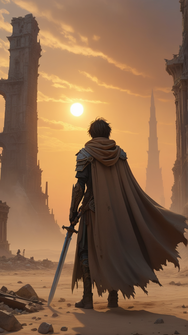 A lone wanderer in a desolate wasteland, wearing a tattered cloak and wielding a massive sword. His cybernetic eye scans the horizon as sandstorms swirl around him. In the distance, the ruins of a lost civilization shimmer under the setting sun. Post-apocalyptic anime style.  <lora:detailed_notrigger:1>, masterpiece, best quality, amazing quality, very aesthetic, high resolution, ultra-detailed, absurdres, newest,Masterpiece, best quality, amazing quality, very aesthetic, high resolution, ultra-detailed, absurdres, HDR,âââ
