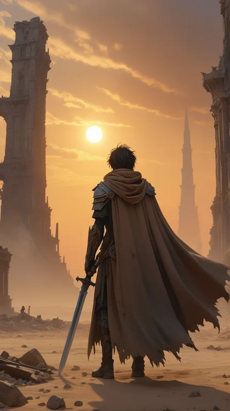 A lone wanderer in a desolate wasteland, wearing a tattered cloak and wielding a massive sword. His cybernetic eye scans the horizon as sandstorms swirl around him. In the distance, the ruins of a lost civilization shimmer under the setting sun. Post-apocalyptic anime style.  <lora:detailed_notrigger:1>, masterpiece, best quality, amazing quality, very aesthetic, high resolution, ultra-detailed, absurdres, newest,Masterpiece, best quality, amazing quality, very aesthetic, high resolution, ultra-detailed, absurdres, HDR,âââ