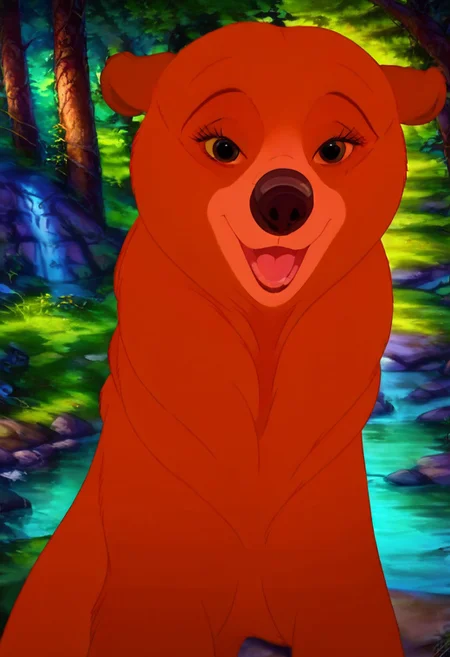 Bear, cartoon, female, Nita, Disney, 2d, detailed forest background, bipedal <lora:J_cartoon:0.7>, j_cartoon, <lora:MeekoXL:0.9>, Disney, score_9, score_8_up, score_8, solo, (feral), detailed fur, ((happy expression)), ((looking at viewer seductively:1.6)), breathtaking, environmental lighting, professional, highly detailed, ((detailed shaders)), beautiful, high quality, night-time, outdoors, dark forest, <lora:Furtastic_Detailer:1>