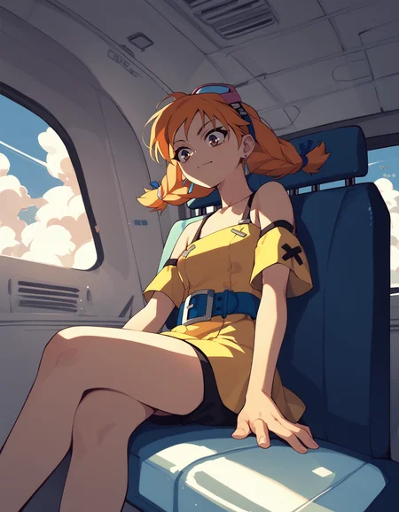 score_9, score_8_up, score_7_up <lora:aika-arcadia-ponyxl-000035:1> aika, short dress, yellow dress, blue belt, short shorts, black shorts,
warplane interior, sitting, clouds, sun