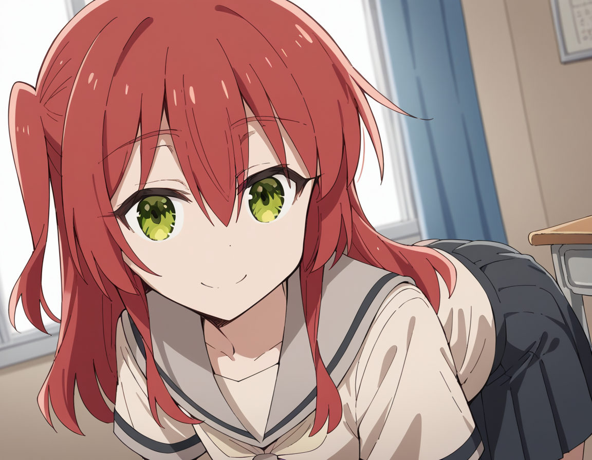 score_9, score_8_up, score_7_up, source_anime,
kitaikuyo, <lora:ikuyo-kita-s1-ponyxl-lora-nochekaiser:1>,
ikuyo kita, green eyes, hair between eyes, long hair, one side up, red hair,
black skirt, grey sailor collar, pleated skirt, sailor collar, school uniform, short sleeves, shuka high school uniform, skirt,
indoors, classroom, bent over, smile,
cowboy shot, solo, dutch angle, looking at viewer,