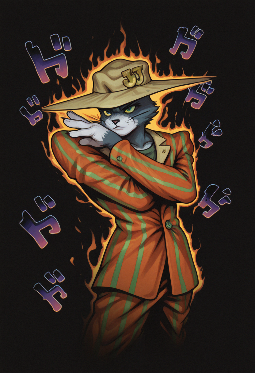 masterpiece, best quality, Graphic Design, color art, vibrant colors, colorful, intricate details, high contrast, detailed background, beautiful detailed, beautiful face, detailed eyes, detailed face, new, newest, z00tt0m, 1boy, solo, male focus, furry, cat, yellow sclera, green eyes, grey fur, whiskers, hat, formal, suit, striped jacket, striped pants, simple background, black background, cowboy shot, dutch angle, dynamic pose, (jojo pose, orange aura, menacing:1.3), perspective, dutch angle,