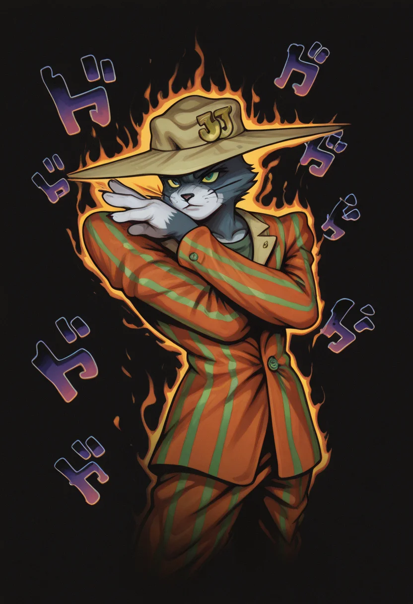 masterpiece, best quality, Graphic Design, color art, vibrant colors, colorful, intricate details, high contrast, detailed background, beautiful detailed, beautiful face, detailed eyes, detailed face, new, newest, z00tt0m, 1boy, solo, male focus, furry, cat, yellow sclera, green eyes, grey fur, whiskers, hat, formal, suit, striped jacket, striped pants, simple background, black background, cowboy shot, dutch angle, dynamic pose, (jojo pose, orange aura, menacing:1.3), perspective, dutch angle,