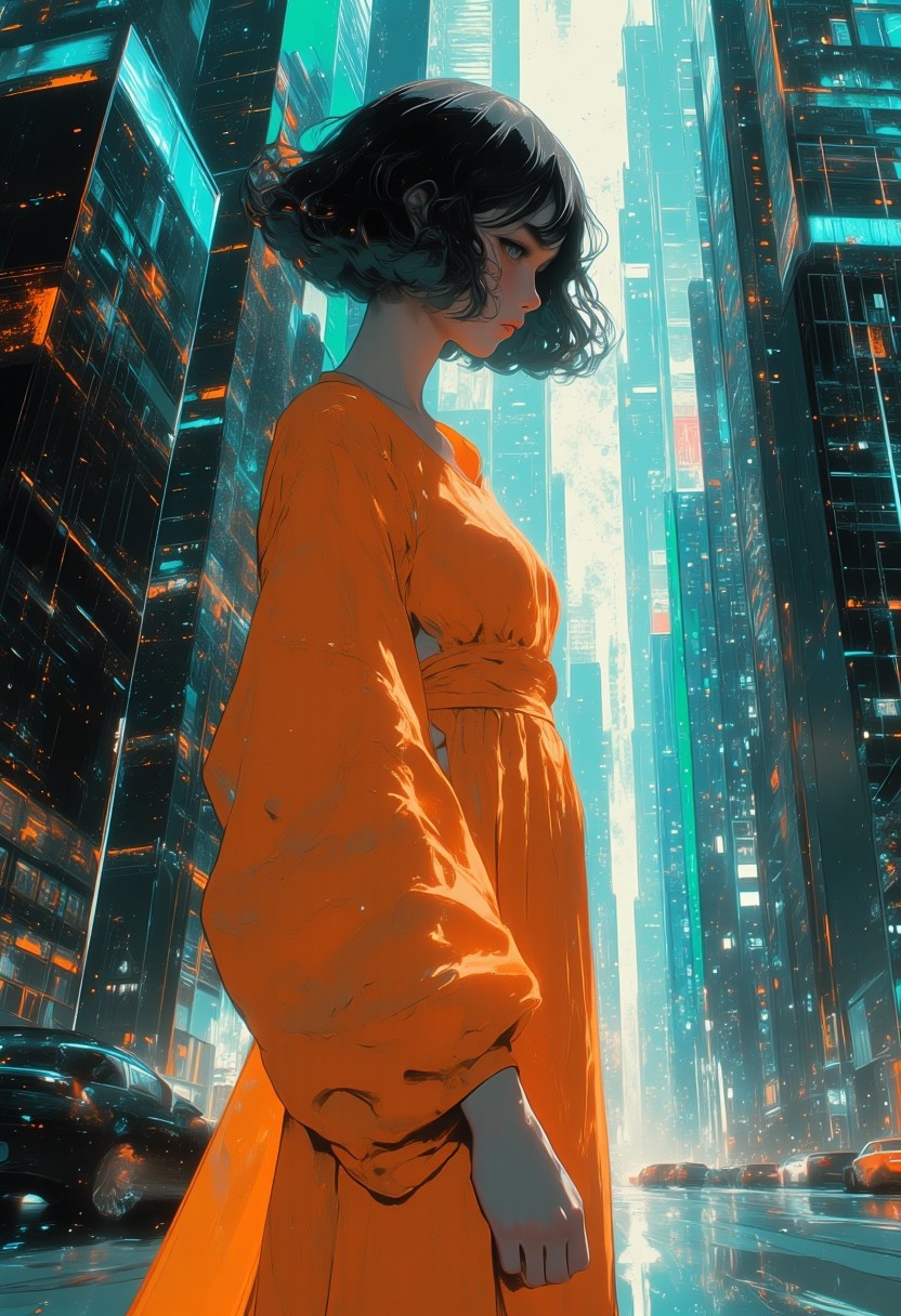 Detailed award winning scenary,Realistic ,Modern fantasy masterpiece , close up of , (a realistic painting of a futuristic glitch model), wearing futuristic clothes, holographic theme, hourglass body, standing, glitchiching, stepping out of a screen from a theatre scree,, coming to life,( suspense, horror),side view , wearing long orange robes