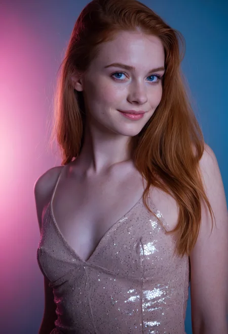 sdxl_jessidom, dramatic eyeliner, posing in a mini dress, studio portrait in front view under soft blue and pink backlighting, ultra-sharp cinematic photo with glossy skin highlights, smooth vinyl backdrop reflecting light, grin, parted lips, seductive gaze with retro-futurist tension
