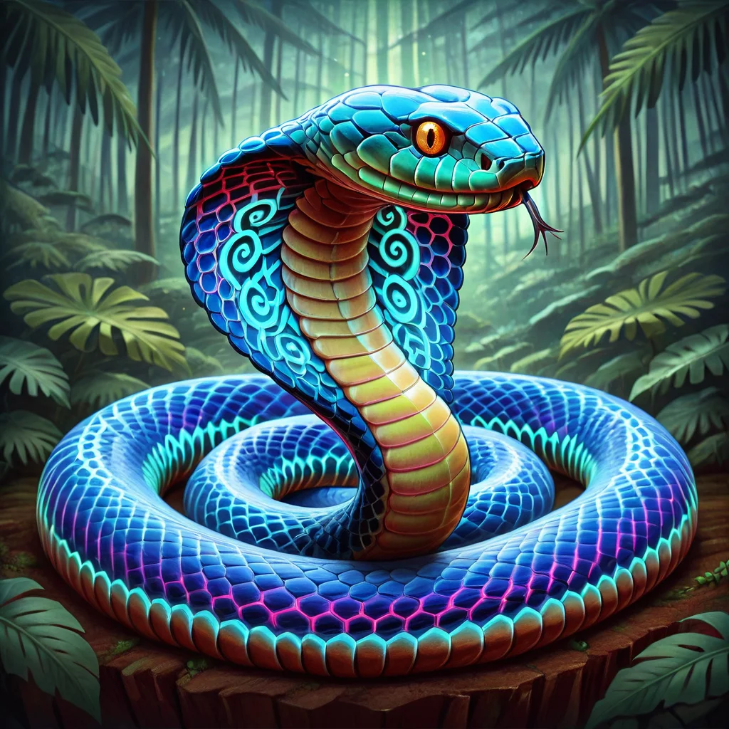masterpiece, best quality, <lora:NajaCobra_Illustrious:1> Naja, animal focus, no humans, in leafy misty jungle, neon pattern, snakeâââ