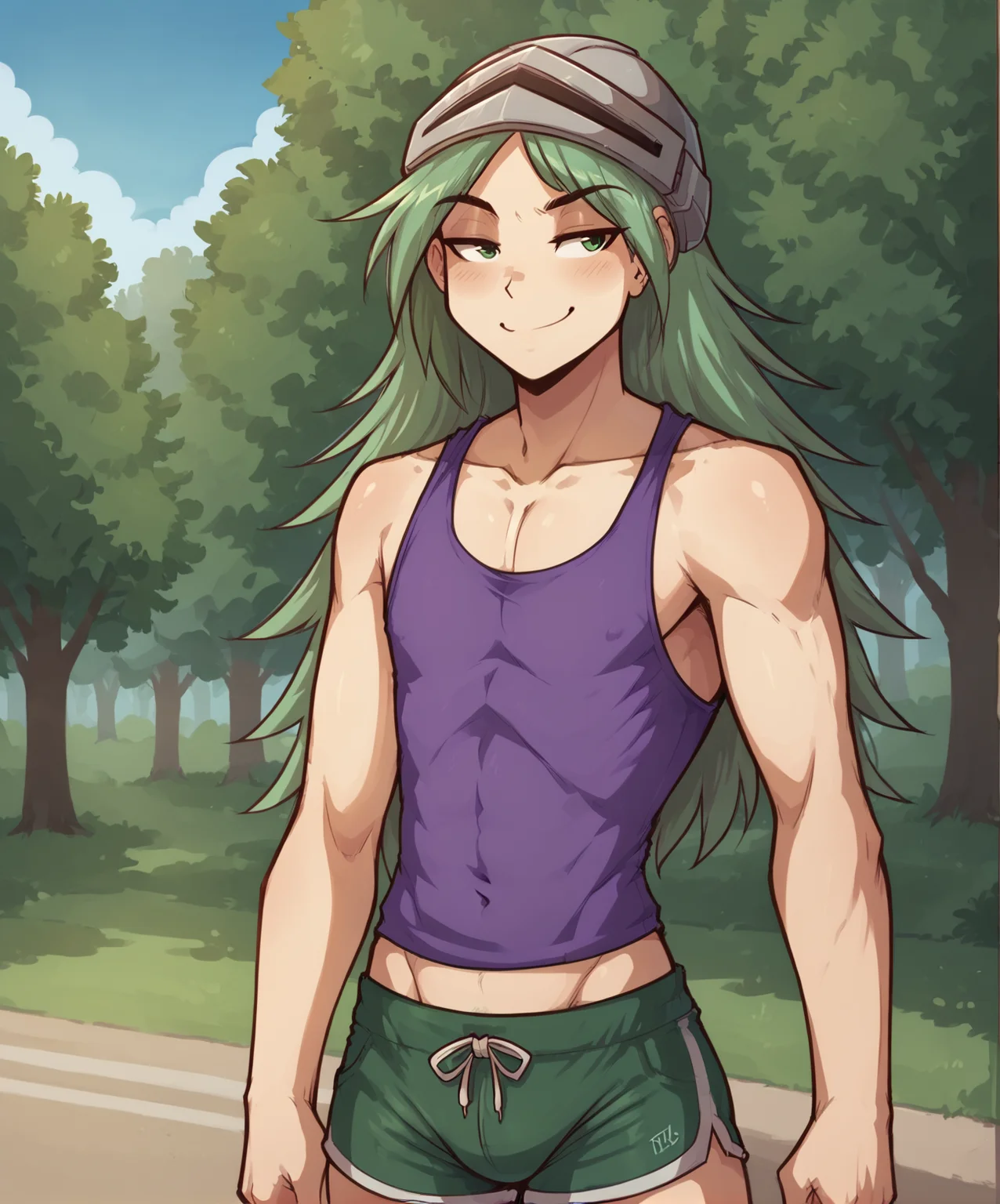 score_9, score_8_up, score_7_up,score_6_up,score_5_up
BREAK
solo, male human, flat chest, (blushing, seductive, smug), tank top, shorts, muscular, helmet, (outdoors, park)
BREAK
<lora:Landen-Twokinds-SDXL-AnonTK-V2:0.8>, landen-twokinds, human, green eyes, long hair