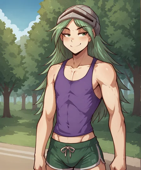 score_9, score_8_up, score_7_up,score_6_up,score_5_up
BREAK
solo, male human, flat chest, (blushing, seductive, smug), tank top, shorts, muscular, helmet, (outdoors, park)
BREAK
<lora:Landen-Twokinds-SDXL-AnonTK-V2:0.8>, landen-twokinds, human, green eyes, long hair