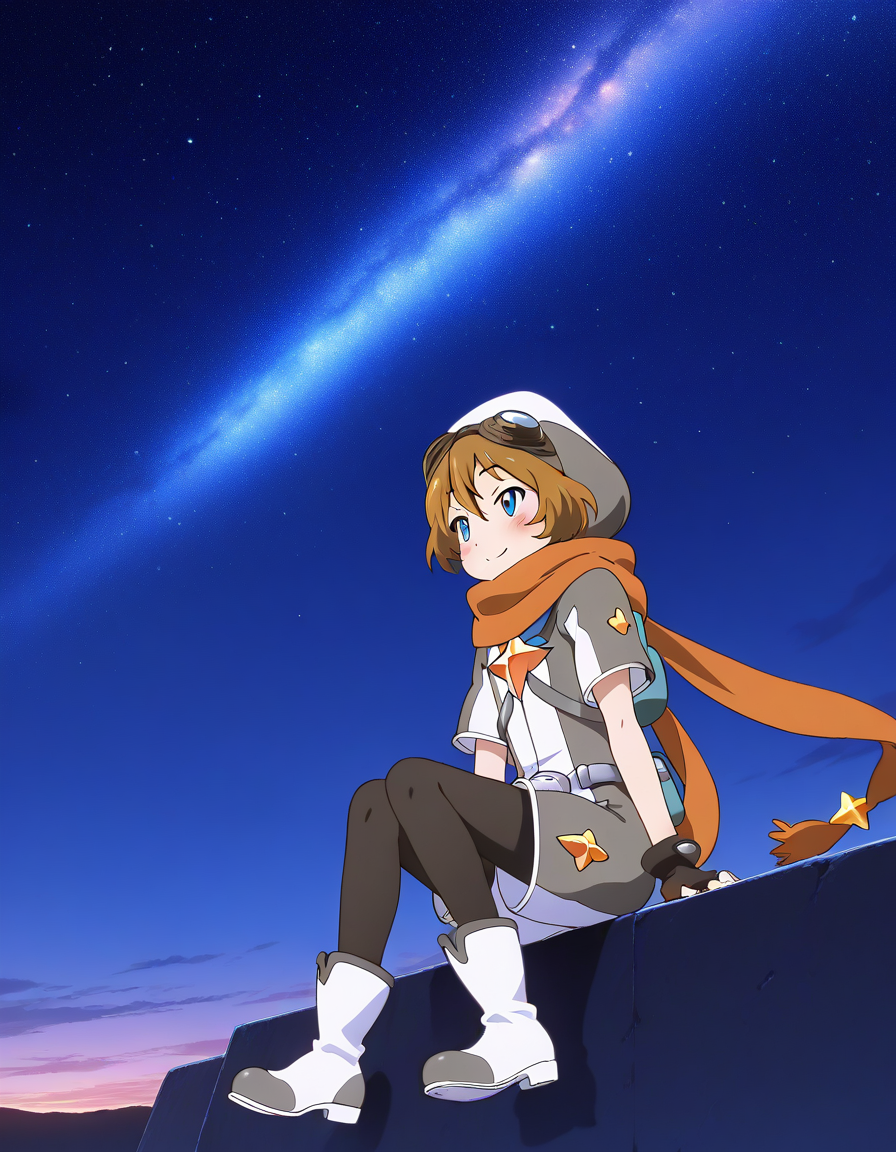 general,highres, ultra-detailed,very aesthetic,best quality ,best hands,  BREAK <lora:Elnath_Houkago_no_Pleiades_IS:1> Elnath(Pleiades), 1boy,solo, scarf, goggles, brown hair, goggles on head, short hair, aqua eyes, 
fingerless gloves,  pantyhose, long hair, gloves, night, smile, sitting,
white boots, outdoors, blush,   mary janesã
galaxy, sky,