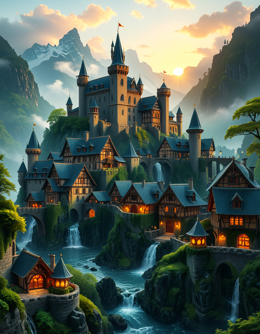 A breathtaking medieval fantasy city nestled in a lush valley, surrounded by towering mountains and dense forests. A grand castle with multiple towers and turrets stands atop a hill, overlooking the town below. The city consists of charming half-timbered houses with glowing windows, perched on rocky cliffs and connected by stone bridges over cascading waterfalls. The river flows through the village, reflecting the warm golden lights of lanterns and torches. Ivy and moss grow over the stone walls, adding to the enchanted, ancient atmosphere. The background features misty mountains with additional fortresses and watchtowers, partially hidden by low-hanging clouds. The sky is illuminated by a soft, warm sunset, casting a golden glow on the scenery, creating a perfect blend of realism and fantasy. Highly detailed, cinematic, and immersive, with a magical, fairy-tale ambiance.
<lora:SDXLFaeTastic2400:0.4> <lora:extremely_detailed:0.4> extremely detailed, <lora:medieval_f4nt4sy_c1ty:1>,medieval f4nt4sy c1ty, Masterpiece,best quality,hi res,8k,hi res,8k,award winning,(sharp focus, intricate, highly detailed),