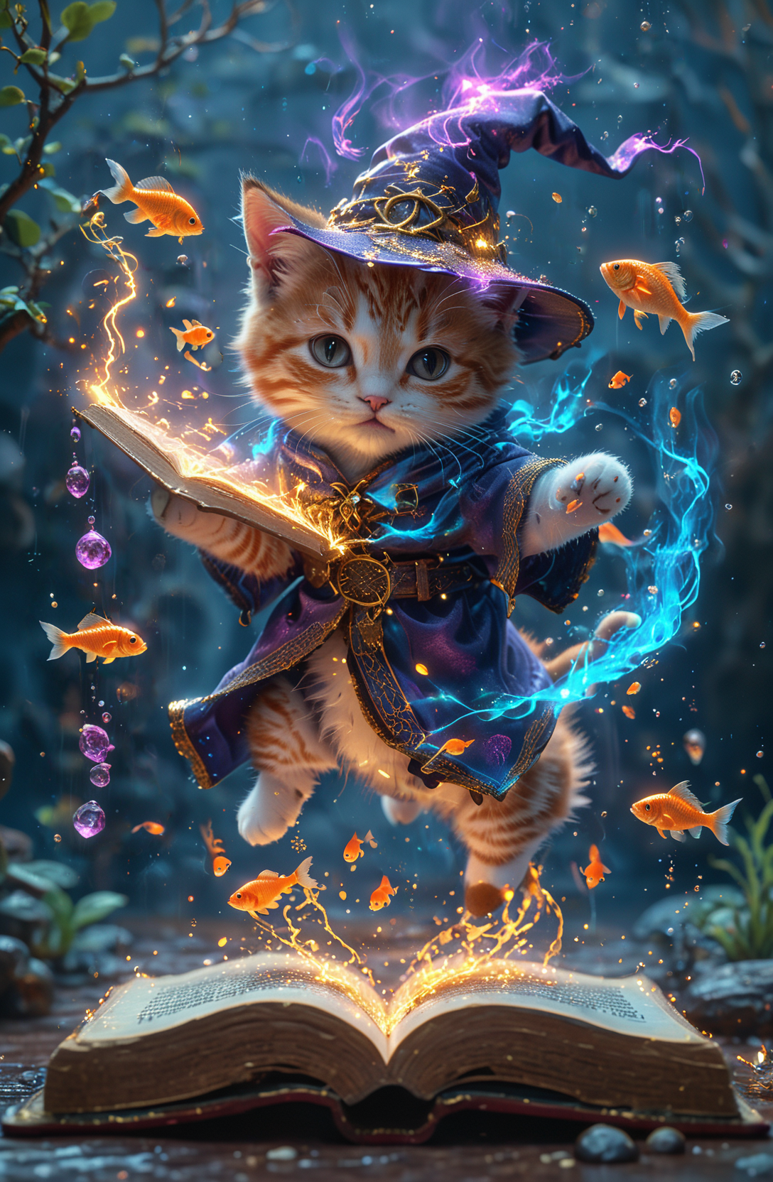 amazing quality, masterpiece, best quality, hyper detailed, ultra detailed, UHD, perfect anatomy, magic world,
(kitten and fish:1.4), fish in the air, spell magic to get fresh fish as food,( fish jumping from magic book:1.3), energy flow,
a full body of a cute kitten, kawaii, wearing witches robe, witches hat, holding magic book, magic book on one hand, spell magic,
<lora:Fantasy_Wizard__Witches_SDXL:0.75>, hkmagic,
<lora:add-detail-xl:1.0>,
<lora:quality1:1.0>,
<lora:extremely_detailed:1.2>, extremely detailed,
<lora:glowneon_xl_v1:0.75> glowneon, glowing,