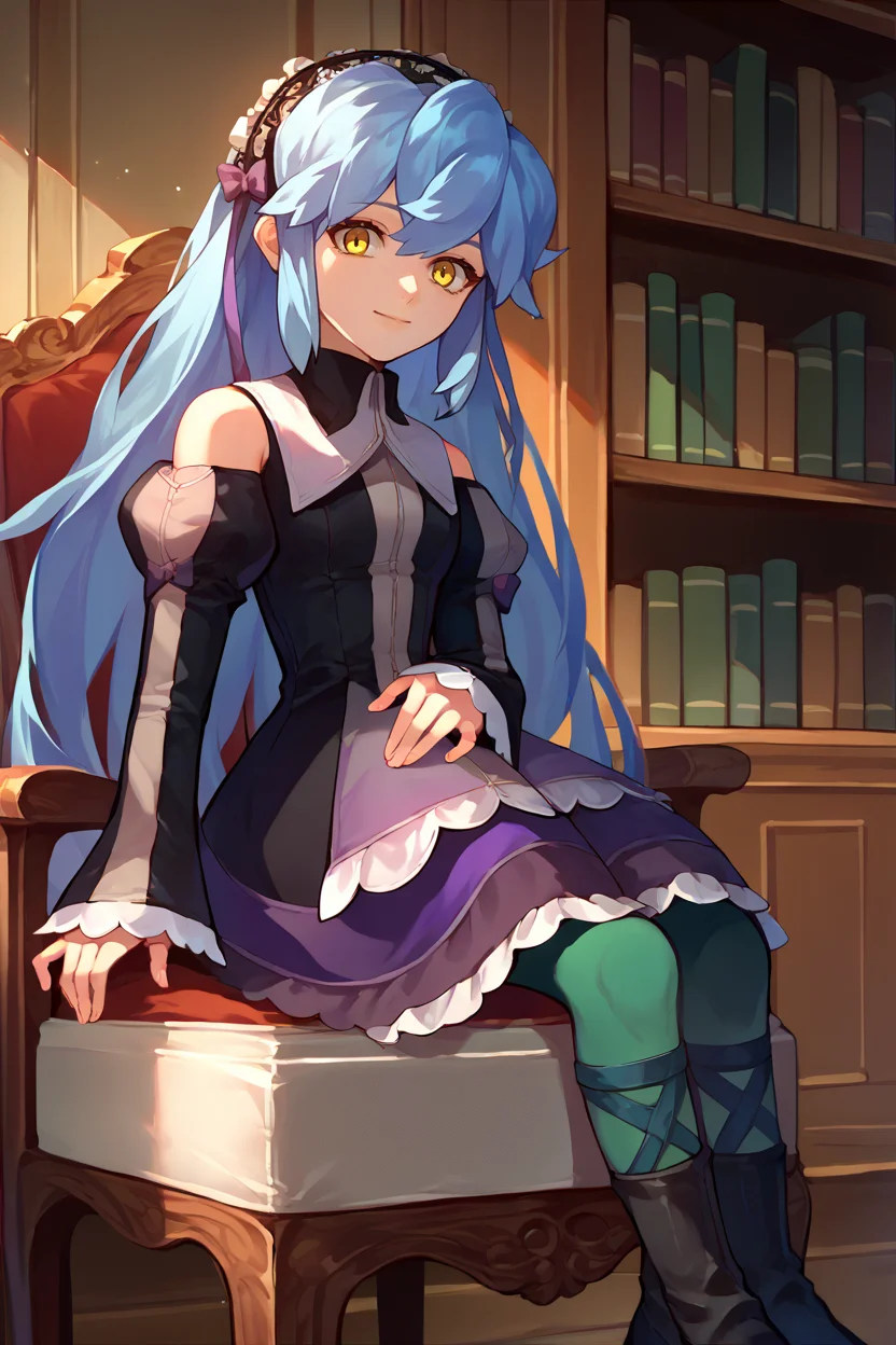 score_9, score_8_up, score_7_up, score_6_up, source_anime, 1girl, solo, <lora:xfkatrina-pdxl-nvwls-v1-000005:1> xfKatrina, blue hair, yellow eyes, long hair, hairband, black dress, detached sleeves, green pantyhose, boots, sitting, chair, mansion, bookshelf, looking at you, smile
