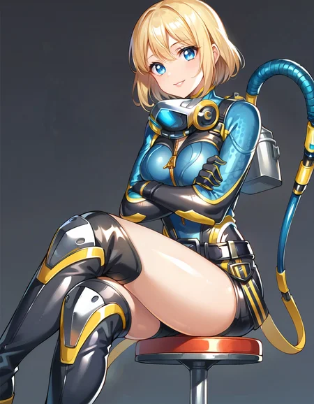 score_9,score_8_up,score_7_up,score_6_up,dark background,1girl,solo,gloves,bodysuit,belt,sitting bar stool,thigh knee boots,blonde hair,short hair,black shorts,lipstick,blue eyes,medium breasts,thigh pouch,knee pads,looking at viewer,diving suit,smiling,2d,anime,crossed legs,crossed arms, <lora:MyTrainings\Temp\Catalyst_Stellar_Swimmer_XL_Pony.safetensors:0.8>