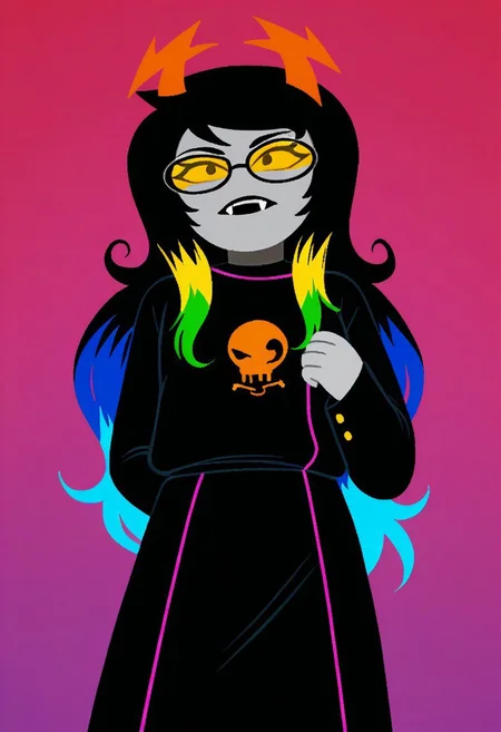 Score_9, score_8_up, score_7_up, Homestuck^2_style, 1girl, grey skin, flat color, black hair, glasses, colorful hair, fangs, horns,