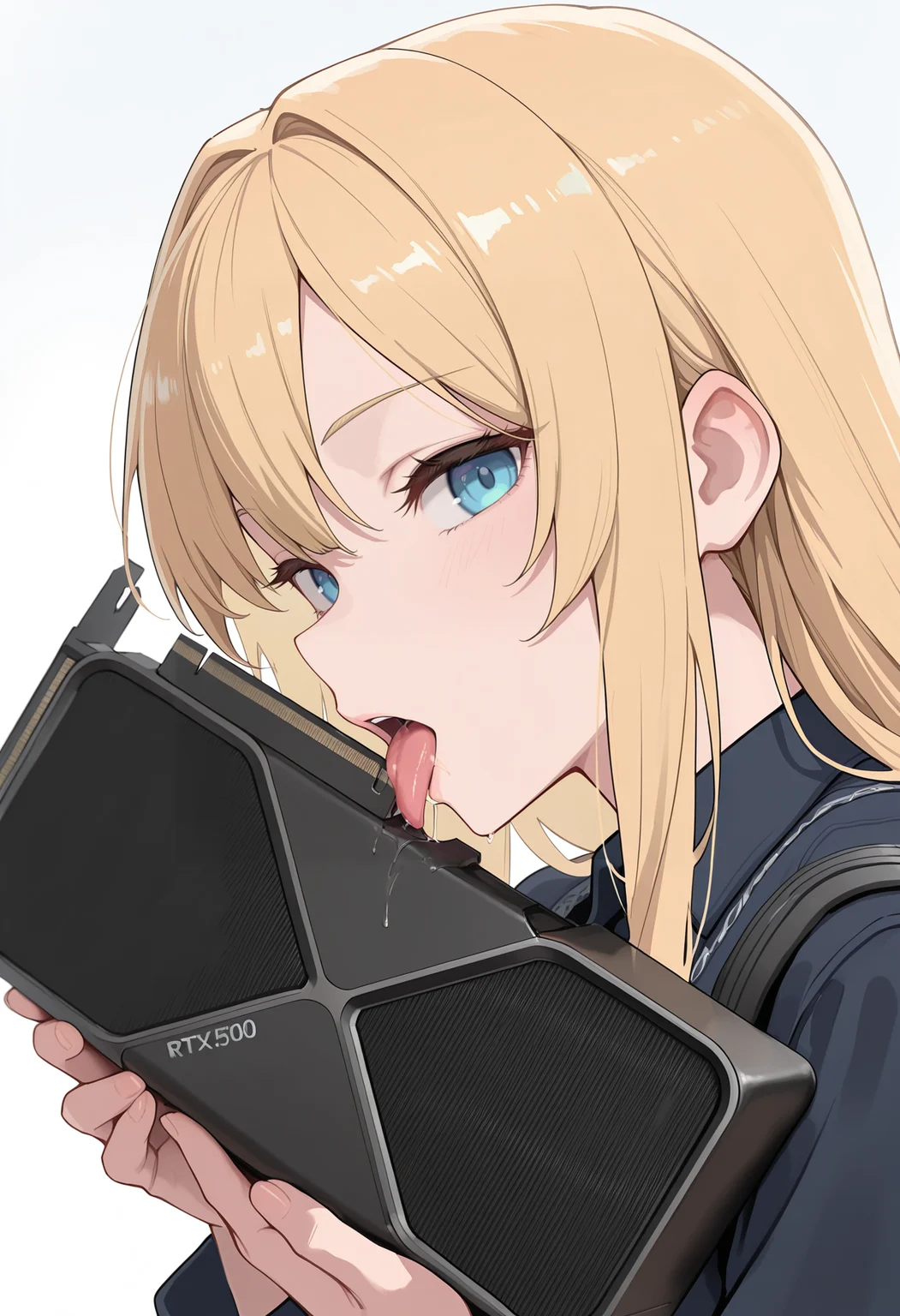 masterpiece, best quality, high score, great score, ultra-detailed, intricate details, very aesthetic, newest, hires, absurdres, from side, 1girl, long hair, blonde hair, blue eyes, looking at viewer, hands up, holding, graphics card, tongue out, licking, saliva, <lora:rtx5090_illustrious:0.8> rtx5090