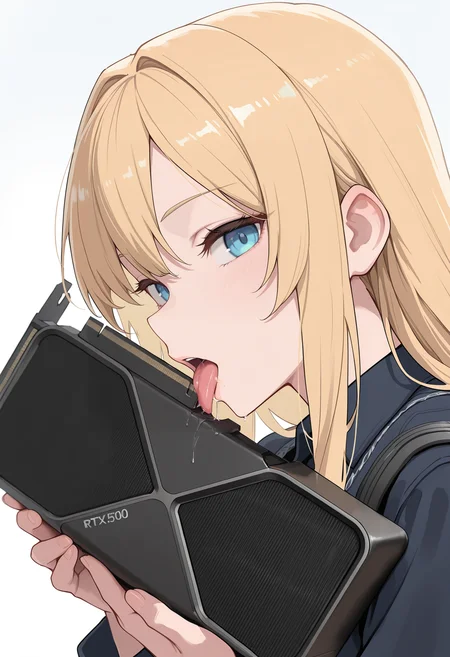 masterpiece, best quality, high score, great score, ultra-detailed, intricate details, very aesthetic, newest, hires, absurdres, from side, 1girl, long hair, blonde hair, blue eyes, looking at viewer, hands up, holding, graphics card, tongue out, licking, saliva, <lora:rtx5090_illustrious:0.8> rtx5090