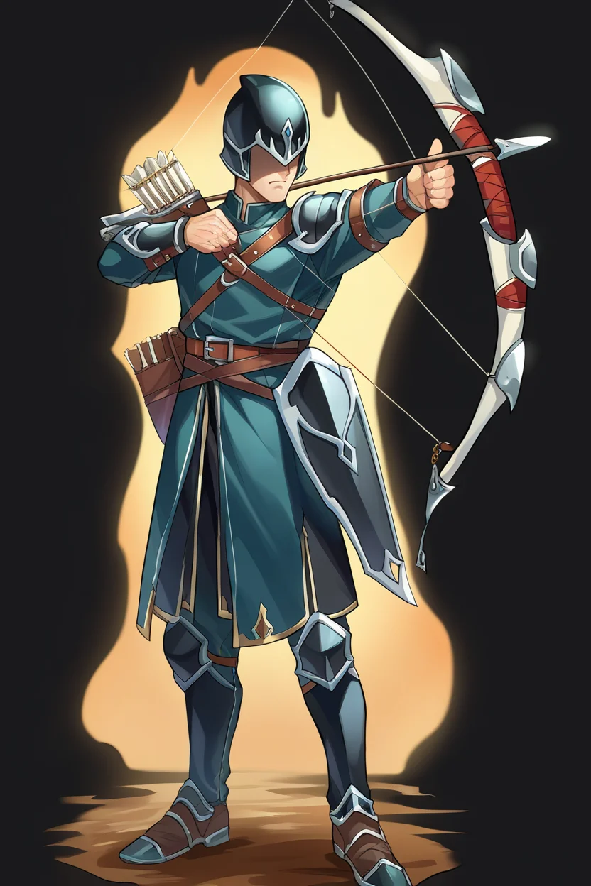 score_9, score_8_up, score_7_up, score_6_up, source_anime, 1boy, male focus, solo <lora:313archer-pdxl-nvwls-v1-000006:1> 313archer, helmet, armor, covered eyes <lora:feh-style-richy-v1_pdxl:1> fehatk, full body, standing, black background, simple background, holding bow \(weapon\), aiming bow \(weapon\), archery