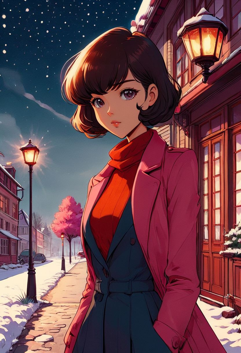 1girl, ((18 years old)), Slim girl,  Flat chest, tiny breasts, narrow waist, wide hips, skinny, tiny, miniscule, petite, small body, small arms, small legs,  
Official Art, Unity 8K Wallpaper, Extreme Detailed, Beautiful and Aesthetic, Masterpiece, Top Quality, perfect anatomy, a beautifully drawn (((ink illustration))) depicting, integrating elements of calligraphy, vintage, PINK and RED accents, watercolor painting, concept art, (best illustration), (best shadow), Analog Color Theme, vivid colours, contrast, smooth, sharp focus, scenery, outdoors, sky, tree, night, building, scenery, snow, reflection, house, winter, fireworks, lamppost, 1girl, coat, narrow skirt, stockings, high heels, short-hair