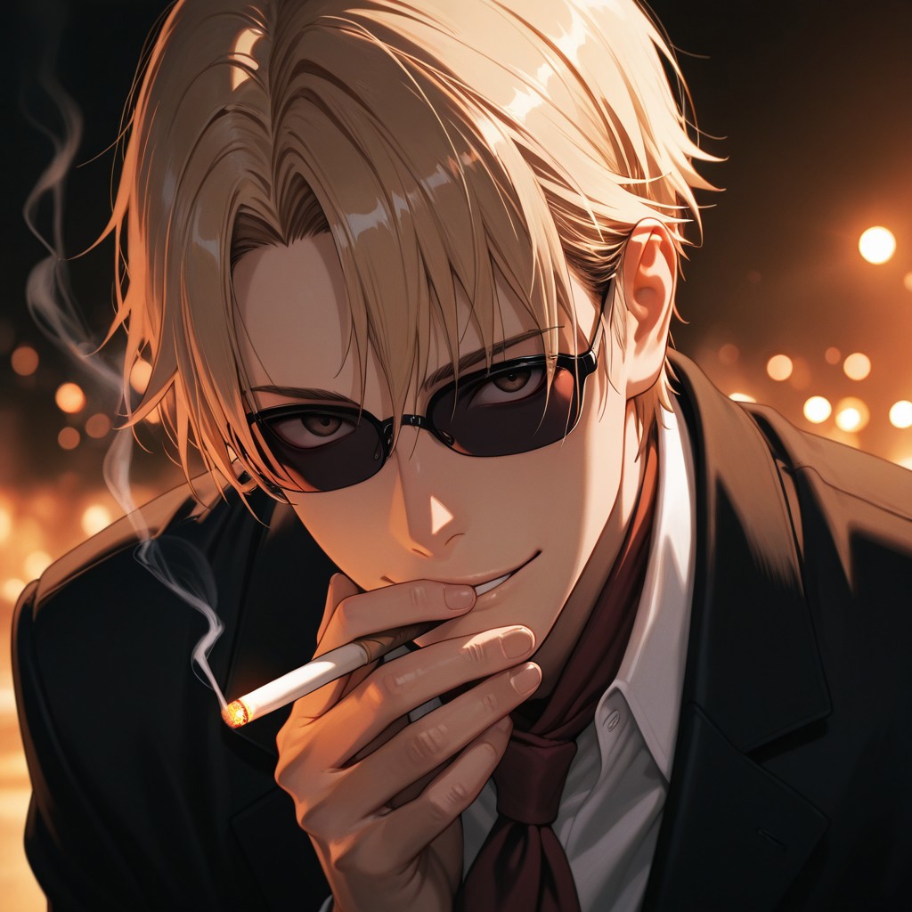 masterpiece, best quality, amazing quality, absurdres, newest, detailed background, definition so sharp, Ultra-HD, 8K cinematic, very awa, impressionate, amazing quality, highres, 
solo, male focus, manly, shadow, shiny skin, bokeh, warm light, light particle, looking at viewer, 
1boy, short hair, sunglasses, izumokusanagi, izumo_blonde, izumo_brown eyes, black blazer, red scarf, white collared shirt, smoking, smoke, smile, gentle, looking at viewer