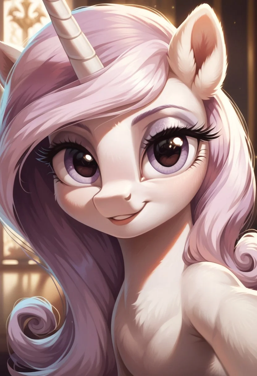 score_9, score_8_up, score_7_up, score_6_up, score_5_up, score_4_up, my little pony, ((feral pony)), Fleur-de-lis, 1girl, ((solo)), (sexy), beautiful, detailed, (detailed cute pony face), detailed eyes, detailed fur, detailed hooves, beautiful, vector, flat colors, (beautiful long eyelashes), (beautiful hooves), (looking at you, looking at viewer:1.5), smiling, ((selfie)), ((close-up)), high angle