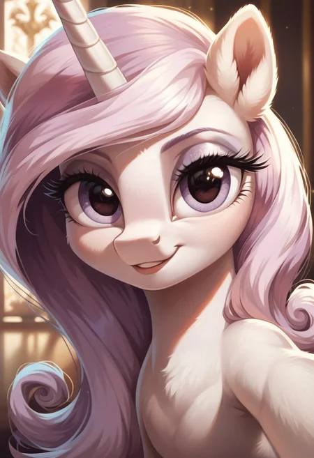 score_9, score_8_up, score_7_up, score_6_up, score_5_up, score_4_up, my little pony, ((feral pony)), Fleur-de-lis, 1girl, ((solo)), (sexy), beautiful, detailed, (detailed cute pony face), detailed eyes, detailed fur, detailed hooves, beautiful, vector, flat colors, (beautiful long eyelashes), (beautiful hooves), (looking at you, looking at viewer:1.5), smiling, ((selfie)), ((close-up)), high angle