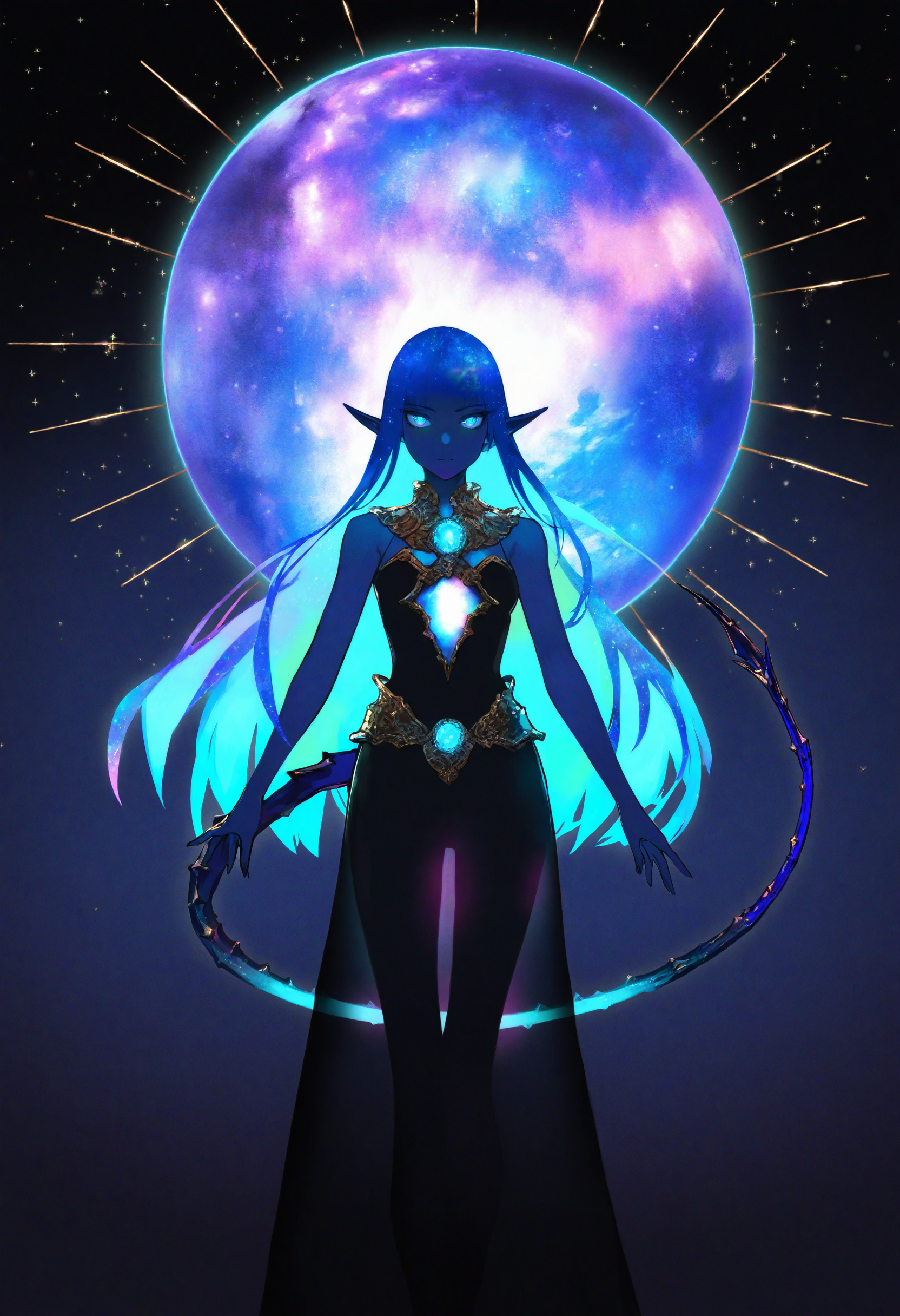 bioluminescence, artist:[ekrea jan|diyokama|say hana|lam \(ramdayo\)],
ultraviolet, silhouette, closed mouth, double exposure, iridescent nebula galaxy, ethereal glow, bloom, hdr, blue glow, looking at viewer, orions belt, see-through, tail, blue eyes, blue glow, blue hair, glowing, monster girl, see-through silhouette, pointy ears, 
masterpeice, best quality, very aesthetic, absurdres
<lora:noobai_vpred_1_aqm_complete_v3:1>