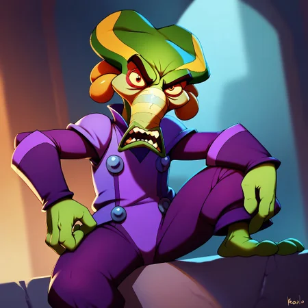 score_9, score_8_up, score_7_up BREAK NOxide, 1boy, four legs, purple clothes, purple wristbands, angry at viewer,
