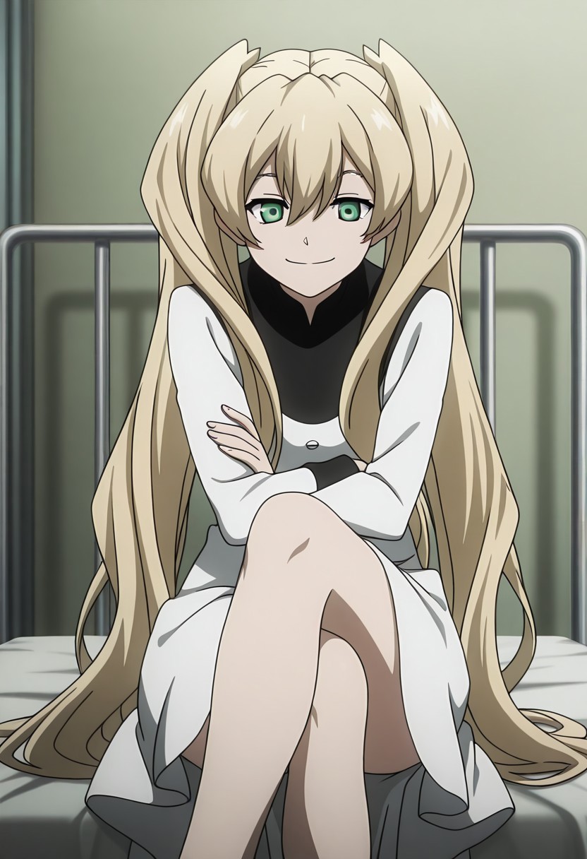 masterpiece,perfect quality,best quality,absolutely eye-catching,absurdres,highres,newest,anime coloring, anime screencap,(1girl,solo),White_KKS, very long hair, blonde hair, green eyes, twintails, white dress, sitting, on hospital bed, legs crossed, arms crossed, closed mouth smile, indoors, hospital room, ((from below))