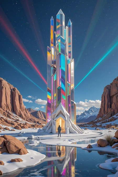 A towering crystal maze in a desert landscape | on a frozen lake, {reflective} surfaces refracting multi-colored beams, {majestic} scale, a lone traveler at the entrance, shot on a drone camera, {dreamlike ambiance}, faint echoes of distant wind chimes, in the style of Moebius