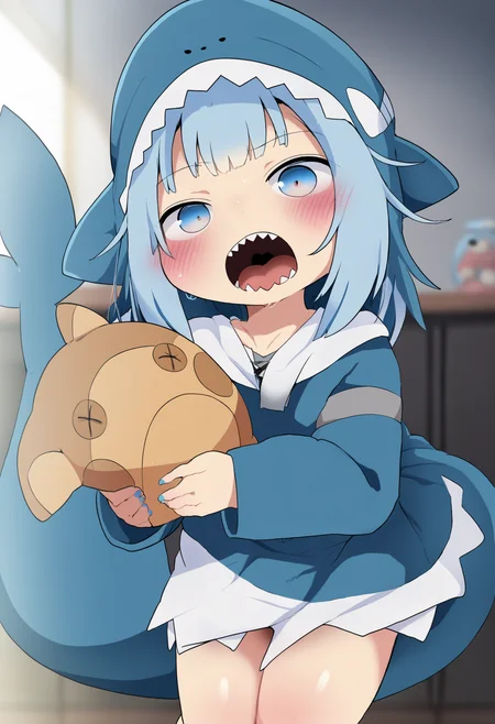 masterpiece, hyper detailed, best quality,(furry:1.3),1girl, tail, gawr gura, blue eyes, hood, multicolored hair, virtual youtuber, open mouth, shark tail, solo, yawning, sharp teeth, grey hair, fish tail, teeth, one eye closed, blue hair, looking at viewer, blue hoodie, streaked hair, shark girl, bangs, blue nails, long sleeves, animal hood , long hair, stuffed toy, hoodie, bloop \(gawr gura\), shark hood, standing, blunt bangs, nail polish, indoors, stuffed animal, blush  ,<lora:DAGASIXLlokr8f-000188:0.95>
