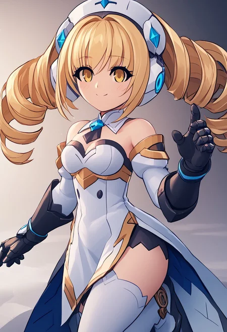 score_4,score_5,score_6,score_7_up,score_8_up,score_9
((masterpiece,best quality,ultra detailed,highres,HD,4k:1.2)),
1 cute girl,solo,girl forcus,solo forcus,
Azure Striker Gunvolt(Main),shining highlights, 1girl, solo, girl focus,solo focus,face focus,
mami tomoe, blonde hair, drill hair, twin drills, yellow eyes,
white dress,cleavage,thighhighs,white thighhighs,Black Gauntlets,boots,
smile,light smile,blush,