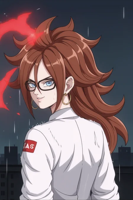 source_anime, score_9, score_8_up, score_7_up, anime screencap,
1girl, solo,
android 21, (human), 1girl, solo, long hair, blue eyes, brown hair, hair between eyes, earclip, glasses, a21dress, lab coat, ruined city, fire, destruction, rain, upper body, smile, evil smile, (from behind, looking back), building, floating hair,
<lora:android21_pony_v1:0.8>