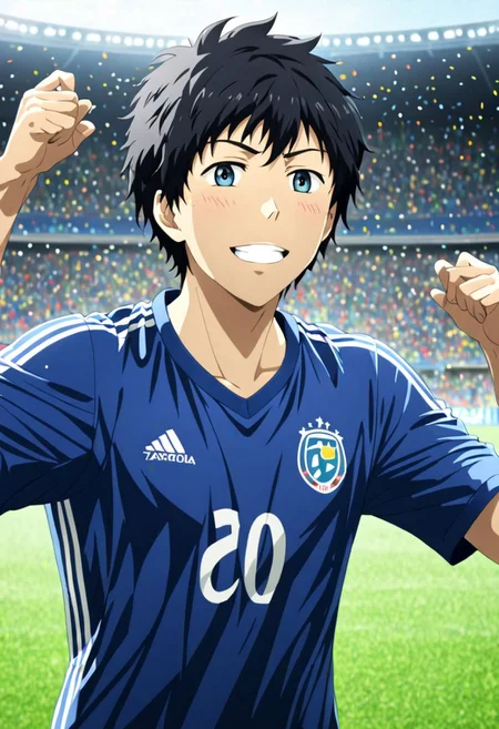 high resolution, solo, best quality, 1Boy, Arata Kaizaki, Black Hair, Soccer , soccer player, field, portrait, sport photography, celebration, OverallDetail