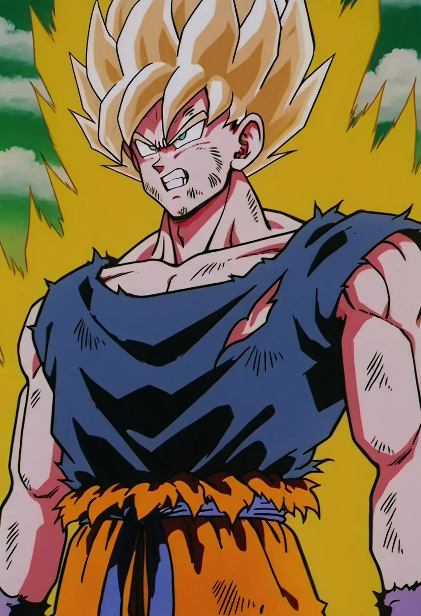 <lora:DrabonballZNamek:1.0>, masterpiece, best quality, son goku, solo, blonde hair, yellow aura, simple background, shirt, 1boy, standing, upper body, white hair, male focus, sky, teeth, pants, cloud, black eyes, torn clothes, muscular, frown, cloudy sky, spiked hair, clenched teeth, shaded face, wristband, angry, green background, serious, arms at sides, torn shirt, dirty, dougi, super saiyan, dirty face, dirty clothes, super saiyan 1,