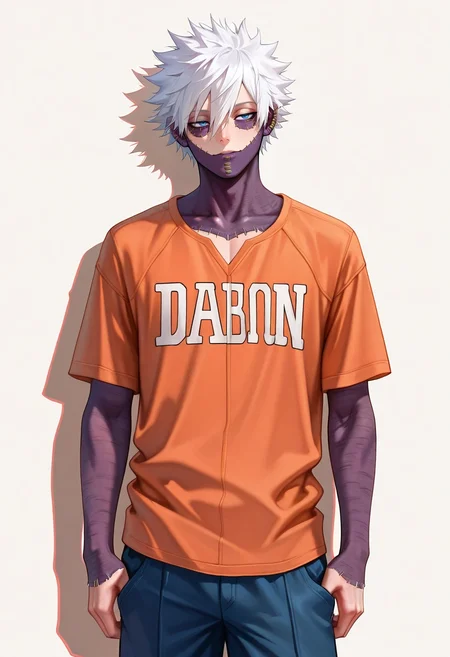 masterpiece, best quality, , (realistic:0.6), , 1boy, solo, male focus, <lora:dabi_bnha_ilxl:0.92>, dabi_bnha, white hair, blue eyes, short hair, spiked hair, hair between eyes, messy hair, bangs, scar, burn scar, scar on face, piercing, ear piercing, stitches, , , Pleated shorts, Cargo shirt, , , and