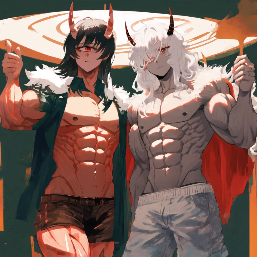 (3girls), (cyclops), (one eye), red eyes, skinny, petite, fluffy hair, absurdly long hair, white hair, flat chest, cowboy shot, Large horns, abbs, muscular, muscle