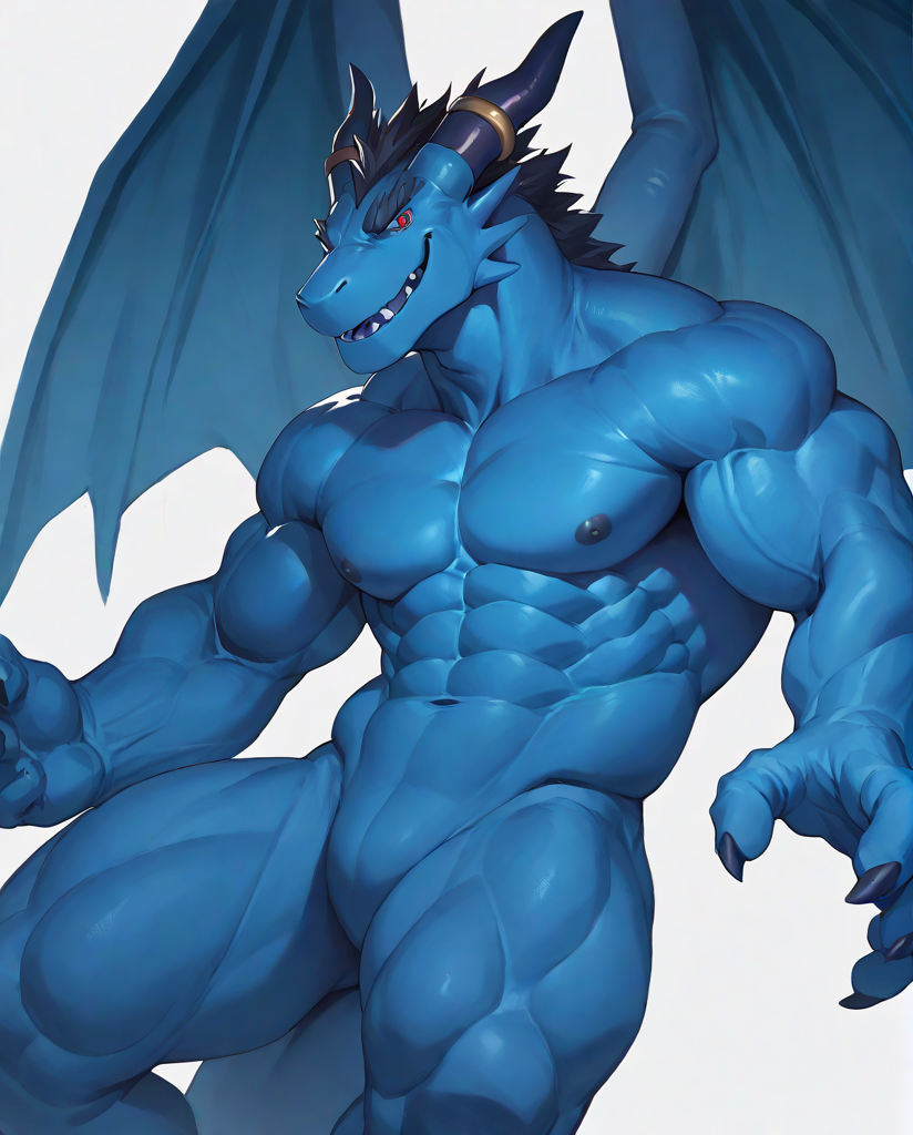 score_9,score_8 up,score_7 up,score_6 up,blue_dragon,dragon,wings,horns,blue body,red eyes,muscles,muscular,<lora:Blue_Dragon:0.9>,