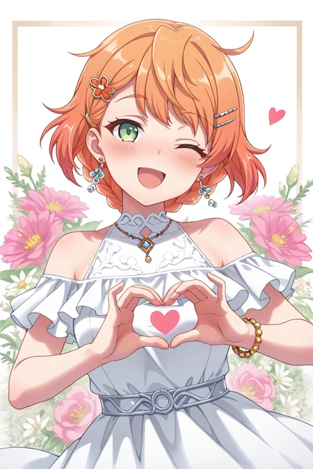 masterpiece, best quality, amazing quality,
<lora:Minku_IL:1> minku, 1girl, one eye closed, green eyes, heart hands, solo, heart, dress, braid, jewelry, smile, hair ornament, white dress, earrings, flower, looking at viewer, open mouth, hairclip, orange hair, multicolored hair, ;d, blush