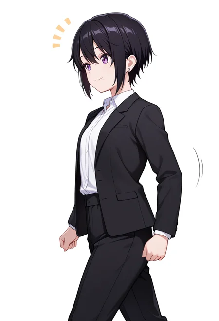 masterpiece,high quality details, absurdres,
walking, arms swinging, relaxed shoulders, looking forward, natural movement, ,
<lora:kuro:0.8> kuro_cnr, 1girl,black hair, short hair, purple eyes, mole under mouth, formal, suit, jacket, white shirt,pants, earrings,androgynous,, ^q^,, simple background, white background, from side,solo,