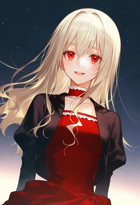 artist:gomzi,artist:wanke,artist:diyokama, rei_(sanbonzakura),[[artist:fuzichoco]],year 2023, 1girl, solo,noel cerquetti, red eyes, blonde hair, long hair, black jacket, cropped jacket, red dress, frilled dress, frilled collar,  upper body, smile, hands at back  <lora:ntmf_majorcharacters.ilxl:1>